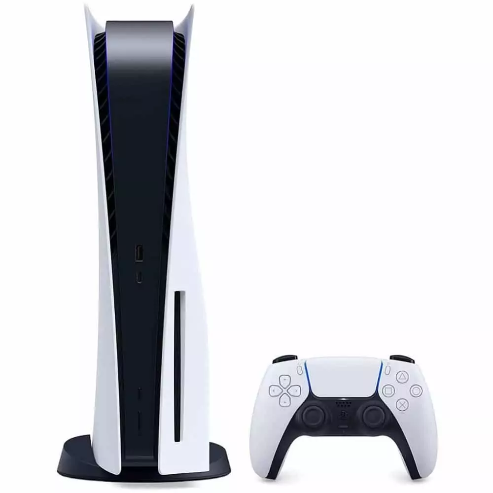 Černobílá herní konzole PlayStation od Sony s ovladačem.