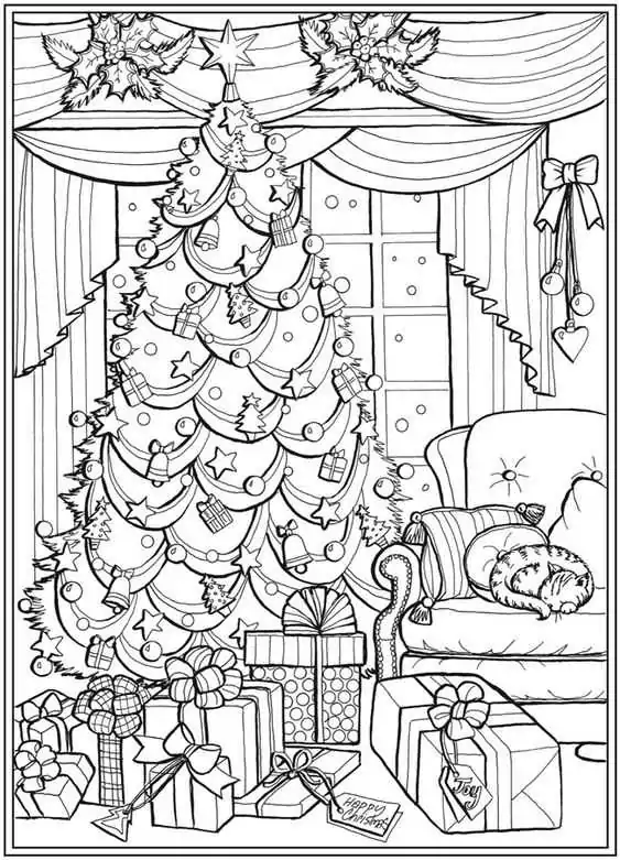 Vánoční omalovánky pro dospělé se stromečkem, dárky a kočkou na kanapi