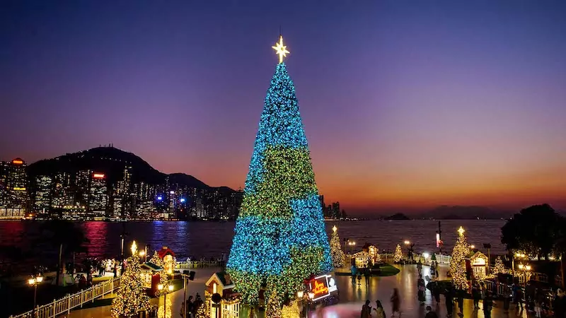 ozdobený vysoký vánoční stromek v Hong Kongském přístavu