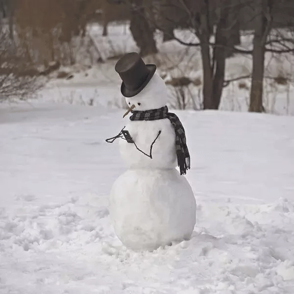 Sněhulák hrající na mobilu dozajista nějaké vánoční hry, s cylindrem a šálou.