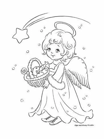 Omalovánka anděla s košíkem plných sladkostí a jablek s kometou nad hlavou