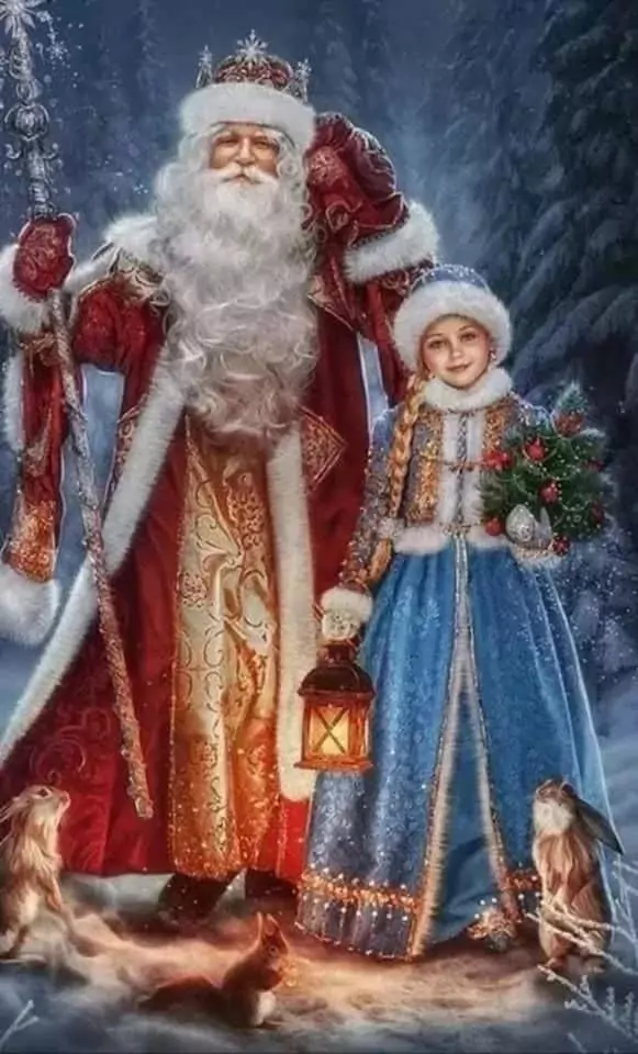 Obrázek Dědy Mráze a jeho pravnučky Sněhuročky v romantické zimní krajině s lesními zvířaty