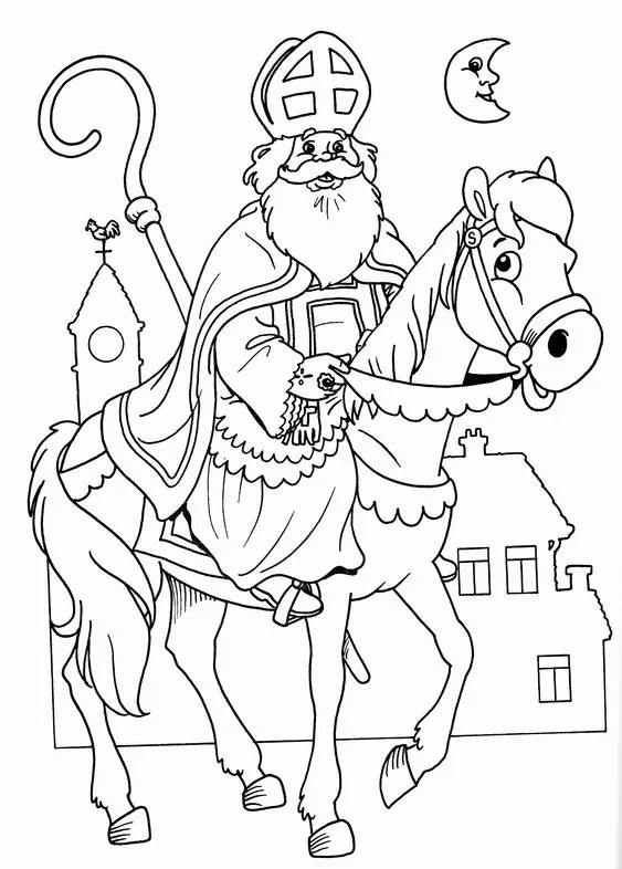 Omalovánka Mikuláše na koni s domem v pozadí