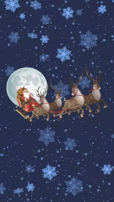 Santa se soby letí před měsícem v úplňku na tmavomodrém nebi
