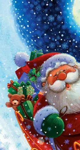 Kreslený Santa Claus řítící se s dárky sněhem