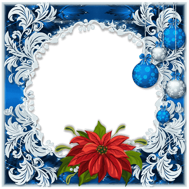 Vánoční rámeček modro stříbrný s červenou květinou