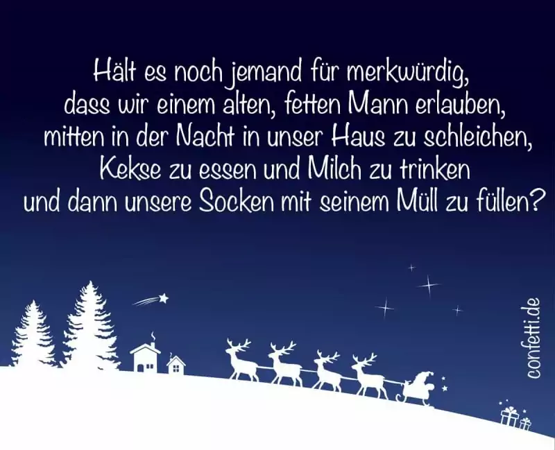 Tmavě modrý obrázek s bílým přáním v němčině a s bílým panoramatem kopce, stromů a domů, ke kterým míří Santa se soby.
