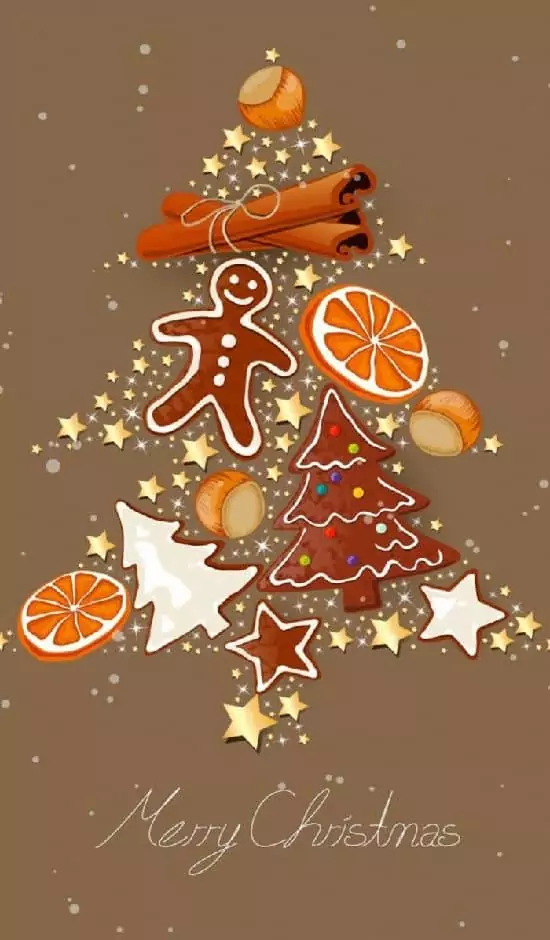 Vánoční stromeček seskládaný z hvězdiček, oříšků, perníčků, plátků pomeranče a svitky skořice