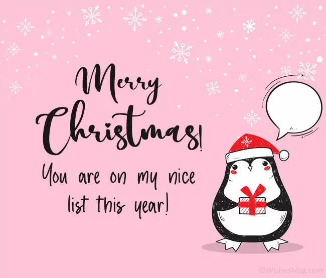 růžové vánoční přání pro děti s textem a tučňákem